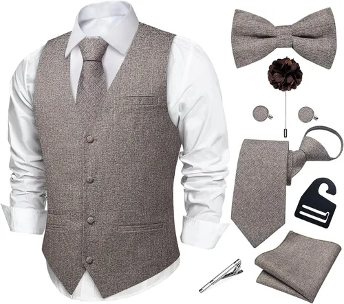 Vista 14 de DiBanGu Conjunto de corbata con cremallera y chaleco de lino para hombre Negro