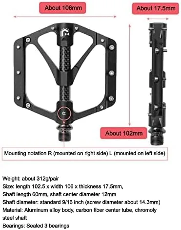 Vista 7 de GORIX Pedales planos de bicicleta CNC ancho 3 cojinetes tubo central de fibra de carbono ligero con pin antideslizante Spike Road Mountain MTB