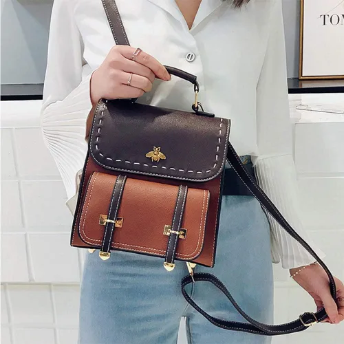 Vista 4 de KOOIJNKO Mochila pequeña de moda para mujer, estilo retro, estilo casual, diseño de contraste de color, Marrón, Mochilas Daypack