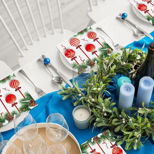 Vista 5 de 50 piezas de servilletas de Navidad para invitados, paquete de 3 capas, servilletas desechables de papel para fiestas, bolas de Navidad, servilletas