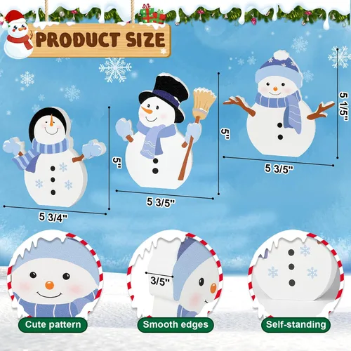 Vista 2 de Decoración de Navidad de muñeco de nieve COCHIE para interiores, lindo juego de decoración de bandeja escalonada de invierno de 3 piezas, bloques