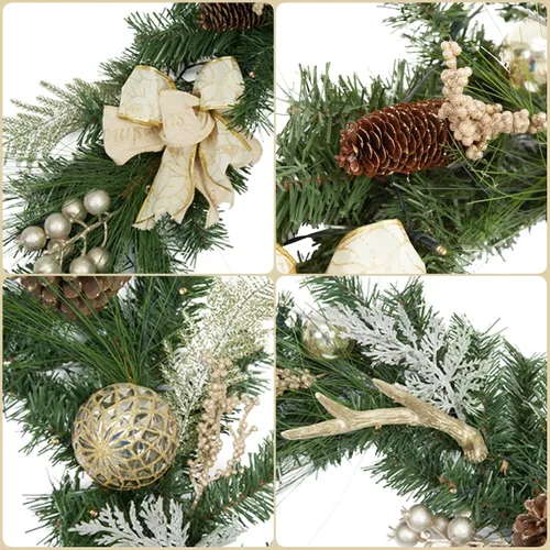Vista 3 de Guirnalda de Navidad preiluminada de 6 pies con luces para manto, guirnalda de Navidad iluminada a pilas al aire libre con 20 bolas de oro LED
