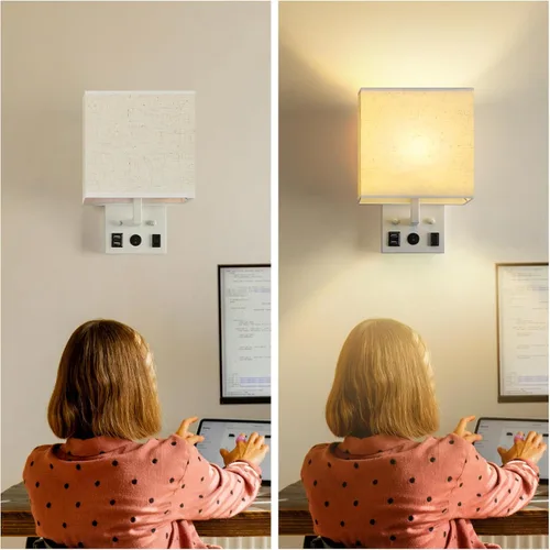 Vista 3 de Vrisa Juego de 2 apliques de pared para dormitorio, lámpara de pared enchufable, lámparas de noche con puertos USB y toma de corriente