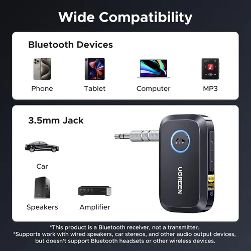 Vista 9 de UGREEN Receptor Bluetooth 6.0 para Auto con LDAC, Adaptador Bluetooth AUX de 3.5mm con Cancelación de Ruido AI para Auto, Receptor de Audio