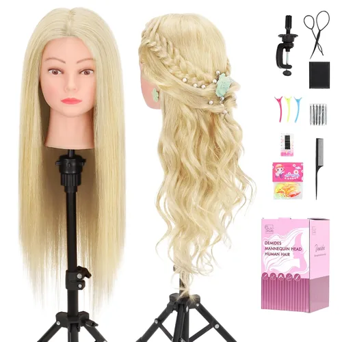 Vista 8 de Cabeza de maniquí con 80% de cabello humano de 26-28 pulgadas, cabeza de práctica de maniquí de cosmetología con cabello humano, cabeza de muñeca