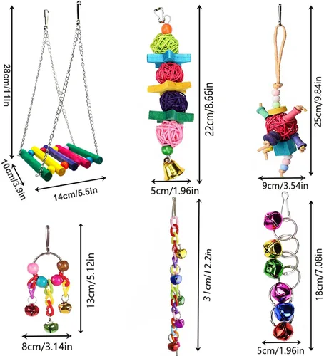 Vista 5 de 8 piezas de juguetes para pájaros y cacatúas, accesorios de jaula de loros, juguete de madera para masticar, perca para periquitos, conures, pájaros