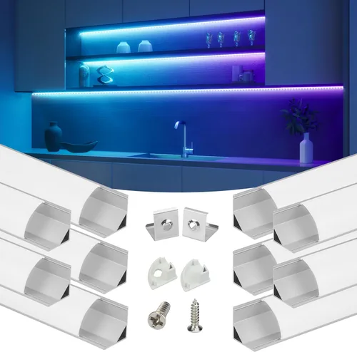 Vista 9 de Muzata Paquete de 10 canales LED en forma de V de 6.6 pies/6.6 ft con canal LED de aluminio plateado con cubierta blanca lechosa iluminación