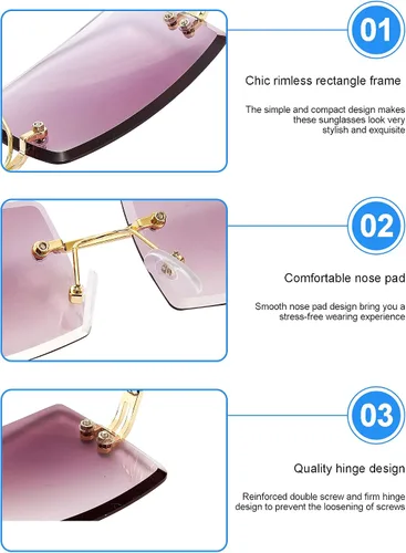 Vista 3 de 3 Pairs Rimless Rectangle Sunglasses Tinted Frameless Eyewear Vintage Transparent Rectangle Y2K Glasses for Women Men
