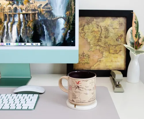 Vista 7 de Taza de cerámica con mapa de La Comarca de El Hobbit Taza de café para espresso, té, cacao Capacidad de 13 onzas