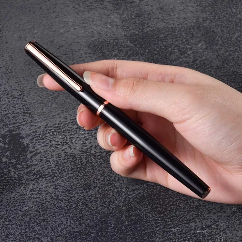 Vista 2 de Hongdian 920 - Pluma estilográfica de metal negro, chapado en oro rosa, pluma de escritura suave, pluma clásica con convertidor de tinta
