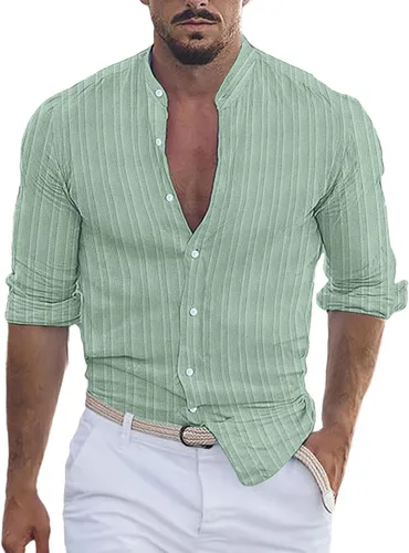 Vista 9 de Camisa de lino de algodón para hombre, manga larga con botones, cuello alto con bandas para playa y verano