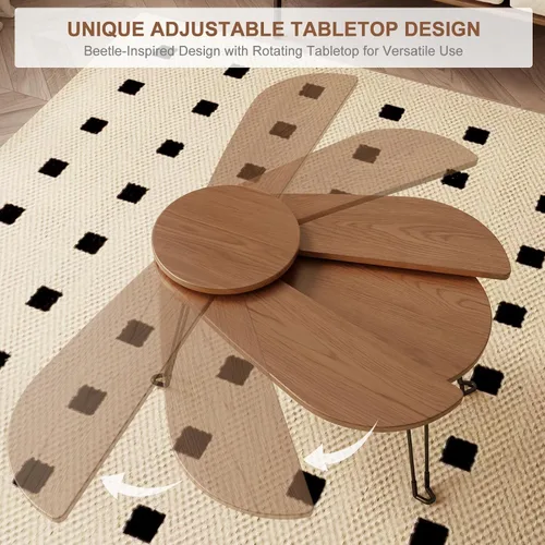 Vista 3 de Muwuele Mesa de centro pequeña de madera maciza, diseño de escarabajo, montaje completo, mesa de centro plegable para espacios pequeños, mesa