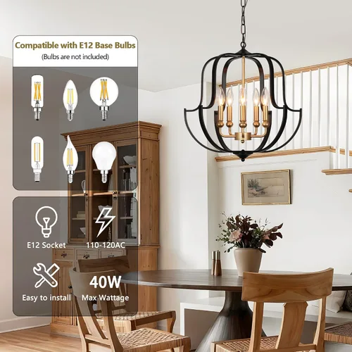 Vista 2 de Lámpara de araña negra y dorada de 19" para comedor, lámparas de araña rústicas de granja de 5 luces, luz colgante industrial moderna para cocina