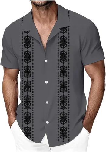 Vista 7 de Camisa de guayabera cubana para hombre, de manga corta, con botones, para playa, boda, casual, vacaciones, camisa hawaiana