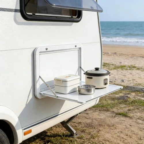 Vista 8 de Mesas plegables de 31.5 pulgadas para caravana, mesa plegable de aleación de aluminio, mesa de pared plegable con cerradura para caravana, camino al