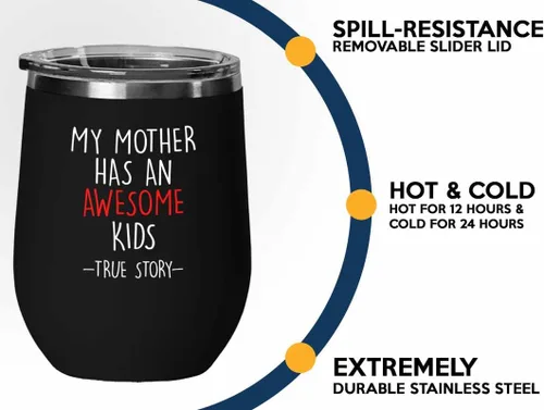 Vista 3 de Vaso de vino Mother Black Edition de 12 onzas – Daughter True Story – Family Squad Fam Thank You Gift Hermanos Padres Abuelos Divertido sobrino Madre