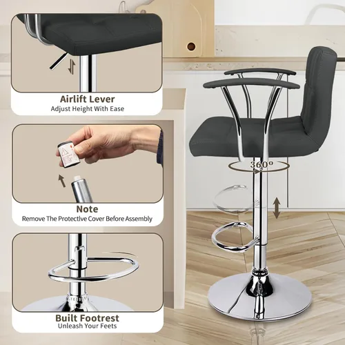 Vista 5 de ERGOSEAT Juego de 2 taburetes de bar, taburetes giratorios ajustables con reposabrazos y respaldo, taburetes de bar de altura de mostrador de cuero