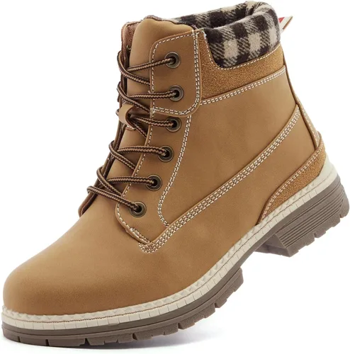 Vista 10 de Botas de invierno para senderismo en la nieve para mujer, botas de trabajo de combate marrones casuales, botas de tobillo antideslizantes con forro