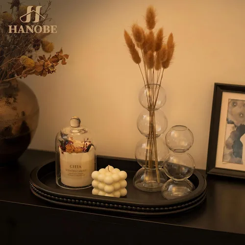 Vista 3 de Hanobe - Bandejas decorativas para mesa de café: Bandeja central ovalada negra de madera para decoración de entrada de casa de campo, bandeja