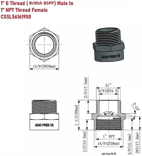 Vista 5 de Adaptador de latón sin plomo Cascada, rosca G británica BSPP macho a NPT hembra (1" x 1" (1 pieza))