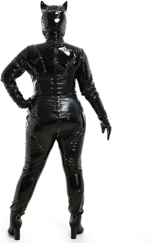 Vista 5 de Disfraz de cuerpo completo negro de gatúbela para mujer, cosplay de Noche de Brujas, incluye máscara y látigo, por Miccostumes