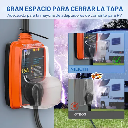Vista 6 de Nilight Adaptador de corriente protector contra sobretensiones RV de 15 a 30 amperios, monitor de voltaje de 2100 julios, convertidor 5-15P a