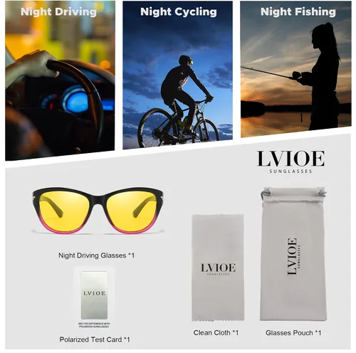 Vista 6 de LVIOE Lentes de conducción nocturna para mujeres y hombres, antirreflejos, polarizados, amarillos, lentes de visión nocturna para la noche, LN2317