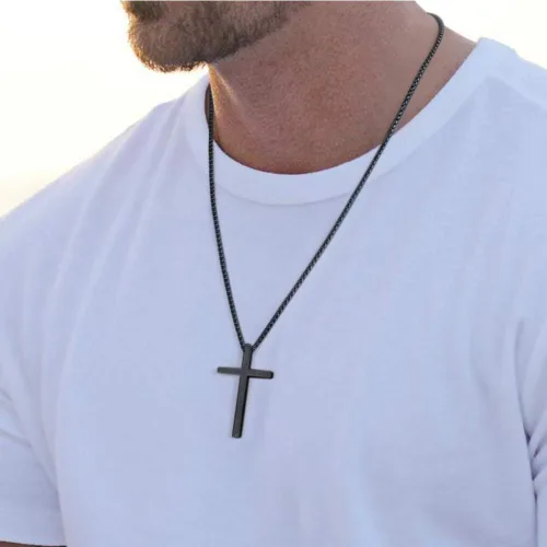 Vista 2 de Ursteel - Collar con dije de cruz de acero inoxidable para hombre, cadena de eslabones cuadrados de 16 a 30 pulgadas, color plateado, negro, dorado
