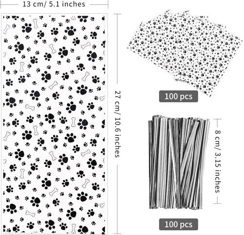 Vista 2 de Lecferrarc 100 bolsas de golosinas con estampado de hueso de pata de perro, bolsas de dulces de celofán, bolsas de plástico para almacenamiento