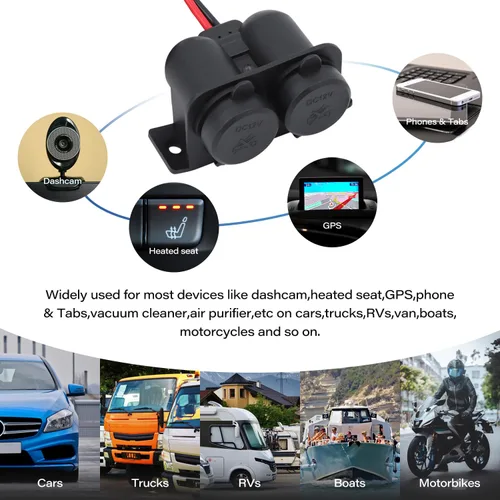 Vista 5 de Enchufe del encendedor de cigarrillos DC 12V con fusible de hoja 15A 2 Socket Cigarette Lighter Splitter Female, Power Outlet Waterproof Cable