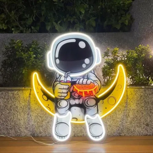 Vista 5 de Letrero de neón con diseño de astronauta comiendo hamburguesa con queso, obras de arte hechas a mano, luces LED de luna, letreros de astronauta