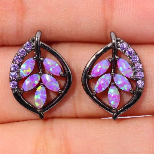 Vista 5 de Aretes de ópalo para mujer, chapados en oro de 18 quilates, flores, hoja, árbol de la vida, estrella de luna, universo, ópalo, joyería, aniversario