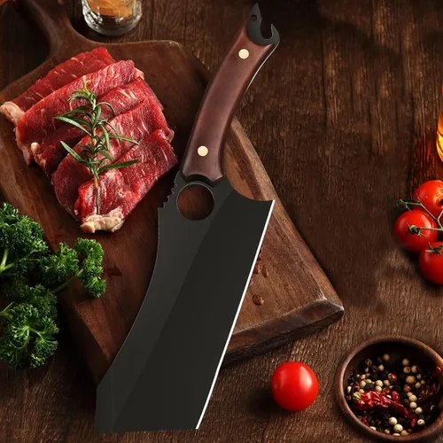 Vista 9 de Cuchillo para carne de 6.9 pulgadas, cuchillo negro para deshuesar, cuchillo de cocina forjado en fuego de acero de alto carbono afilado con funda