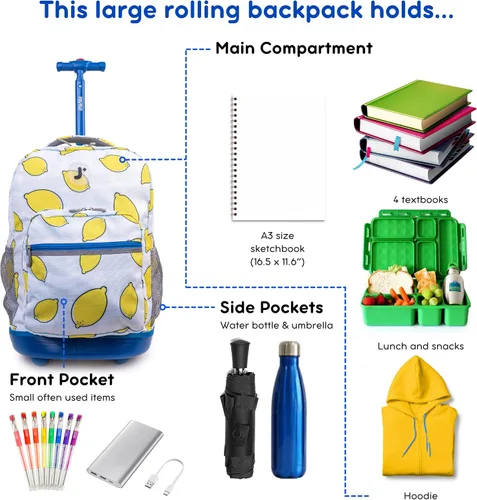 Vista 3 de J World Sunrise Kids - Mochila con ruedas para niñas y niños. Mochila con ruedas para la escuela, Lemona, Sunrise Kids - Mochila con ruedas
