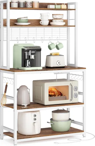 Vista 9 de VASAGLE Estante de panadería con toma de corriente, soporte para microondas, estante de almacenamiento alto de cocina, con panel de alambre