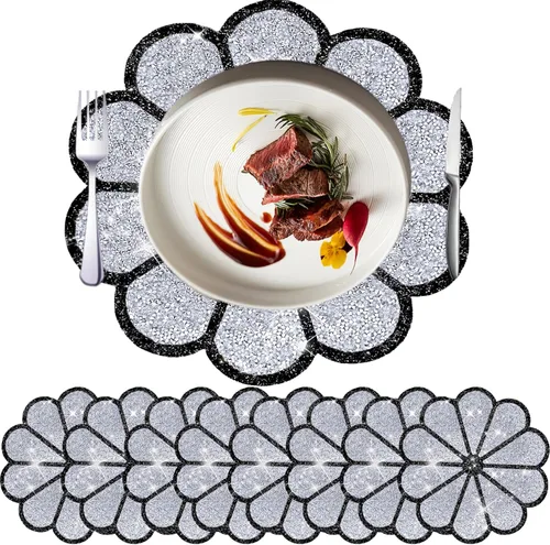 Vista 41 de Juego de 1 mantel individual redondo en negro, manteles individuales brillantes resistentes al calor, lavables, para cena, cocina, boda, decorativos