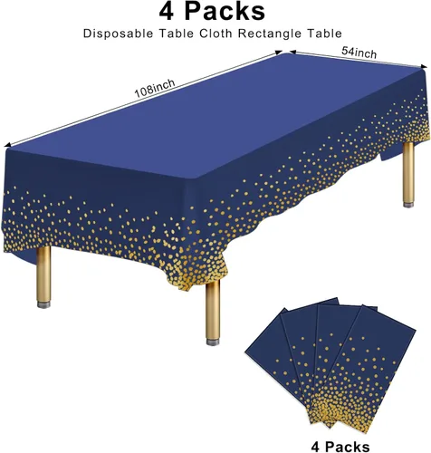 Vista 2 de Paquete de 4 manteles de plástico desechables azules y dorados para mesa rectangular, manteles desechables de 54 x 108 pulgadas, manteles