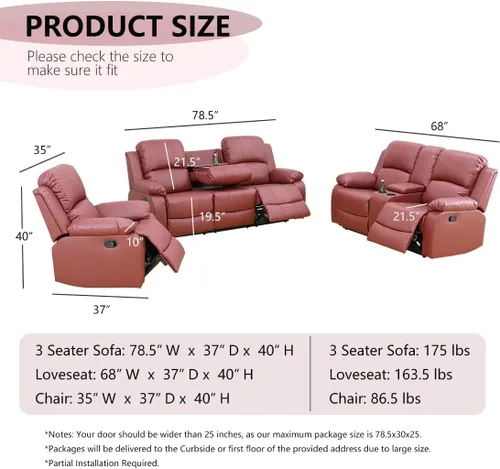 Vista 2 de Juego de sala de Estar reclinable de 3 piezas, juego de sofá reclinable Manual para conjunto de muebles de sala de Estar, con consola de Rojo