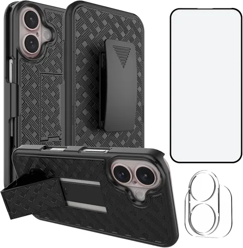 Vista 19 de Ailiber - Funda con clip para cinturón para iPhone 13/14, protector de pantalla, color negro Swivel Stand Holder, Slim Shell Slide Pouch Full Body
