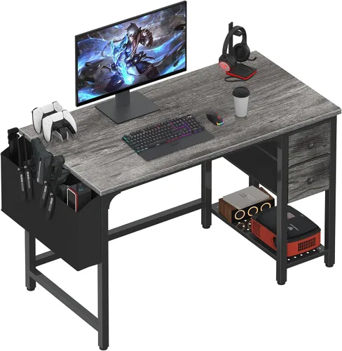 Vista 9 de Lufeiya Escritorio para computadora con cajones de tela, escritorio de juegos reversible de 40 pulgadas para espacios pequeños, oficina en casa