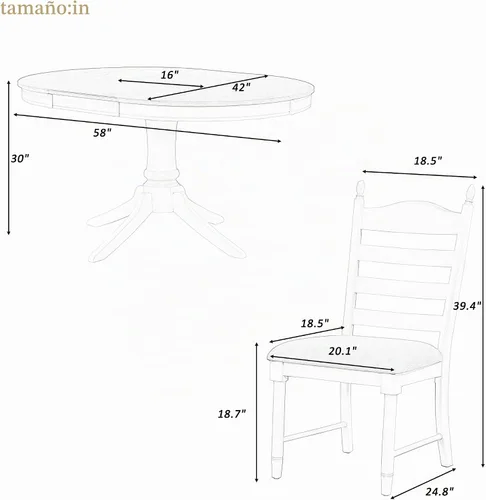 Vista 2 de Juego de mesa de comedor redonda extensible retro de 5 piezas, mesa de comedor ajustable de madera maciza de 42 a 58 pulgadas con 4 sillas de Blanco