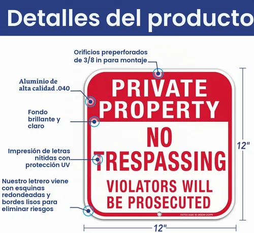 Vista 2 de Señal de propiedad privada No Trespassing ("Violators Will Be Prosecuted"), cuadrado de 12 x 12 pulgadas, aluminio libre de óxido .040, protección