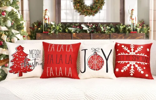 Vista 7 de Juego de 4 fundas de almohada rojas de Navidad de 18 x 18 pulgadas, decoración navideña de granja con texto en inglés "Merry Tree Joy Let It Snow