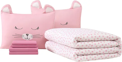 Vista 3 de My World Colección Cat Nap, cama de 7 piezas en una bolsa, tamaño matrimonial, rosa/blanco