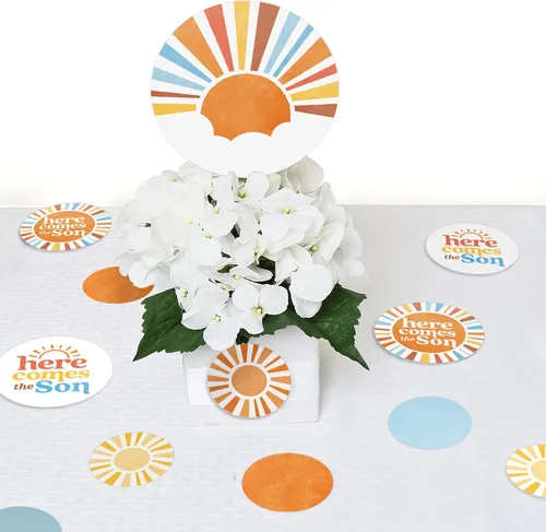 Vista 4 de Big Dot of Happiness Here Comes The Son - Decoración de baby shower, confeti circular gigante bohemio para niños, decoraciones retro para fiesta