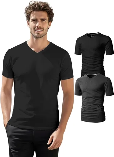 Vista 21 de H2H Camisetas para hombre - Pack de varias unidades, diseño simple, manga corta, ajuste delgado, mezcla de algodón (cuello en V/cuello redondo)