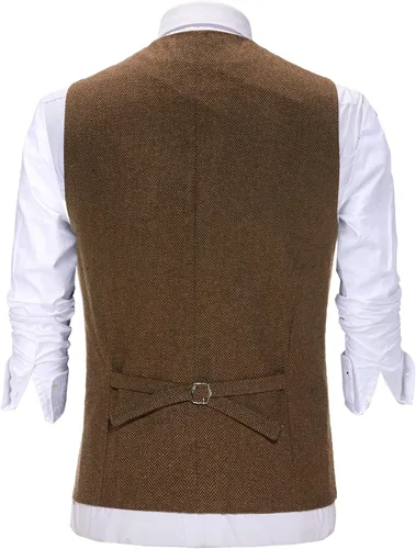 Vista 3 de Chaleco clásico de lana Tweed para hombre chaqueta sin mangas chaleco de espiga para esmoquin