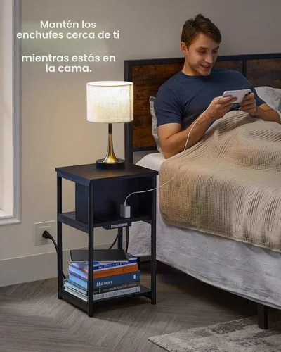 Vista 7 de VASAGLE Mesa auxiliar con estación de carga, mesa auxiliar de 3 niveles con puertos USB y tomas, mesita de noche para sala de estar, dormitorio