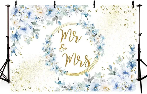 Vista 2 de MEHOFOND Telón de fondo floral azul de 7 x 5 pies para decoración de fiesta de compromiso para parejas, bodas, puntos dorados con purpurina, fondo
