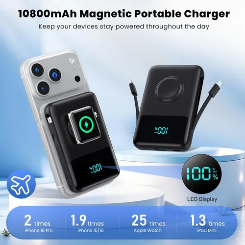 Vista 2 de Cargador portátil magnético para el iPhone, 10800mAh Power Bank Cables Negro